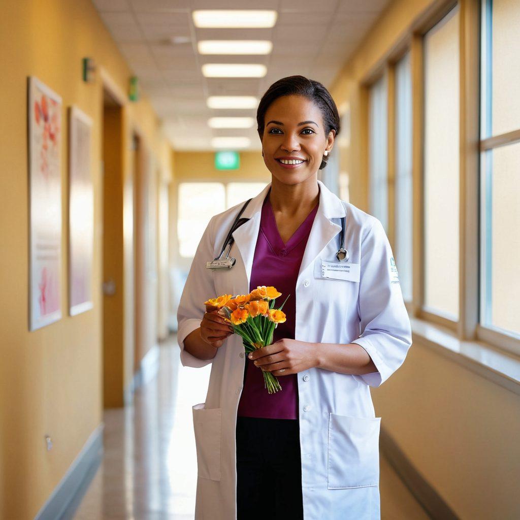 A compassionate healthcare professional guiding a diverse group of patients through a bright, inviting hospital corridor filled with empowering resources, like pamphlets about treatment options. Include symbols of hope, such as a blooming flower and a ribbon for cancer awareness. The scene should convey a sense of unity and strength among patients, with soft sunlight streaming in from large windows. super-realistic. vibrant colors. warm atmosphere.