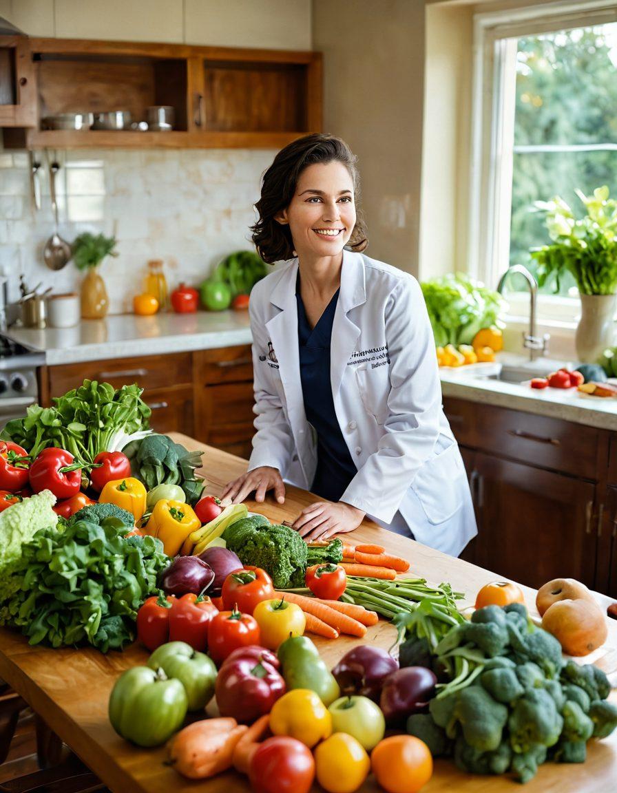 A serene, sunlit kitchen with a wooden table strewn with colorful, fresh vegetables and fruits symbolizing a nourishing diet. In the background, a hopeful figure in a lab coat discusses nutrition with a patient, framed by a warm, inviting atmosphere. The image should convey hope and healing through nutrition in oncology support. vibrant colors. soft focus.