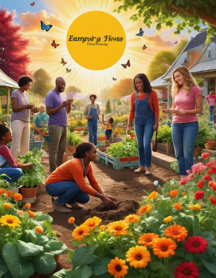 A heartwarming scene depicting a diverse group of people engaging in a community garden, tending to vibrant vegetables and flowers. In the background, a banner reads 'Empowering Lives' with symbols of hope like a sun and butterfly. Include elements representing health and nutrition, such as fruits, herbs, and a cozy meeting space where support groups are gathered. The atmosphere should be uplifting and colorful, exuding warmth and connection. super-realistic. vibrant colors.